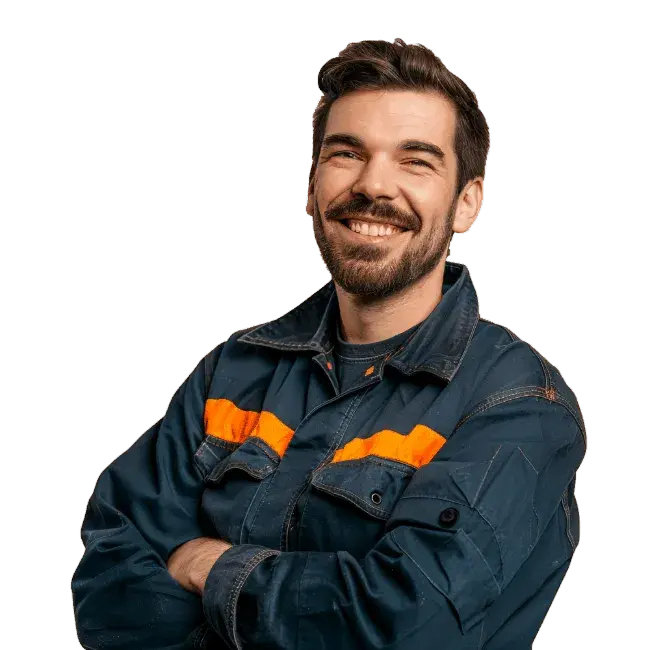 Técnico da WB Instalação Industrial sorrindo com uniforme de segurança, representando atendimento humanizado e profissional.